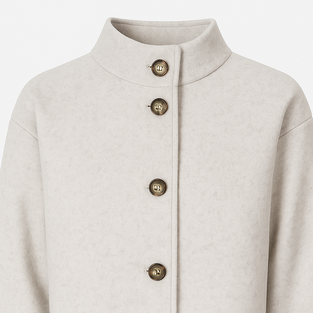 Kort damejakke med høj krave og knaplukning foran.