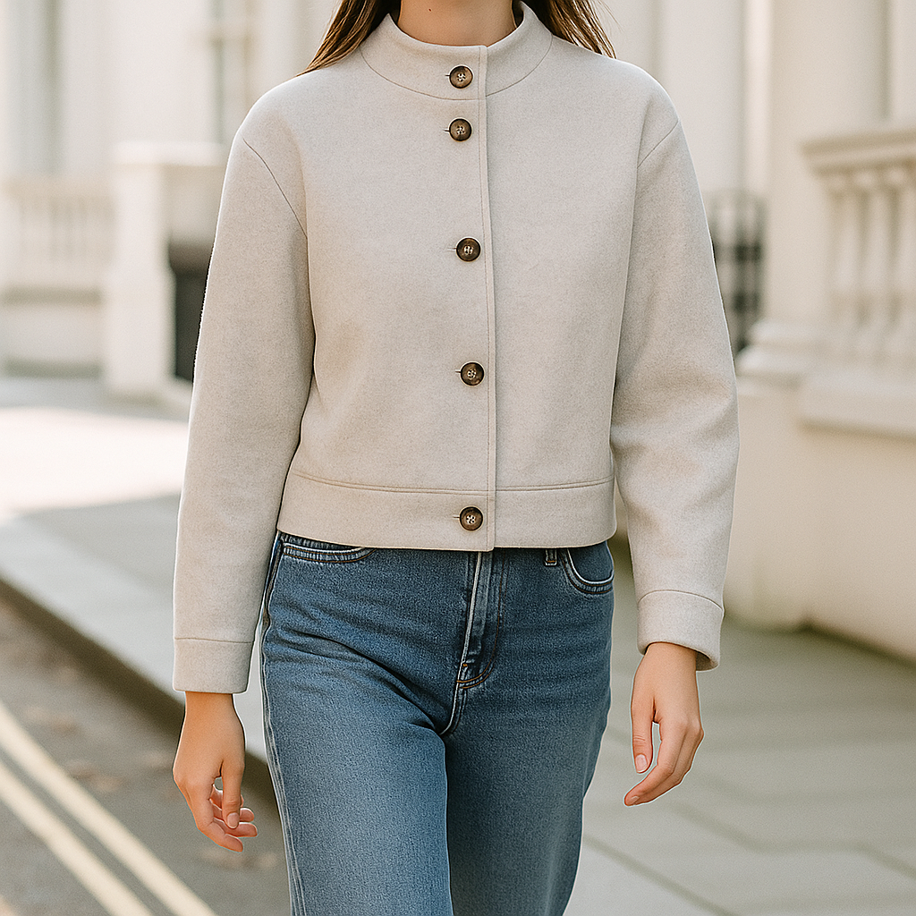 Kort damejakke med høj krave og knaplukning foran.