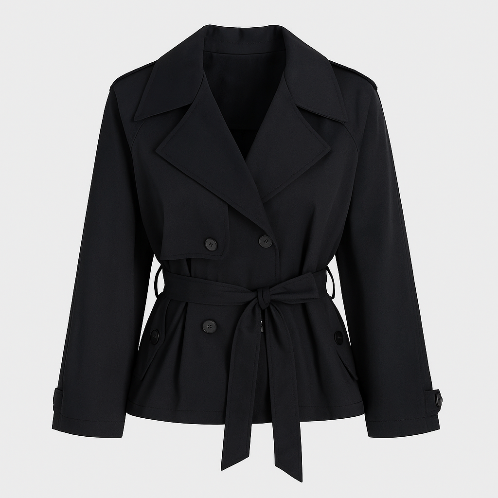 Kort trenchjakke til kvinder med bælte i taljen og brede revers.