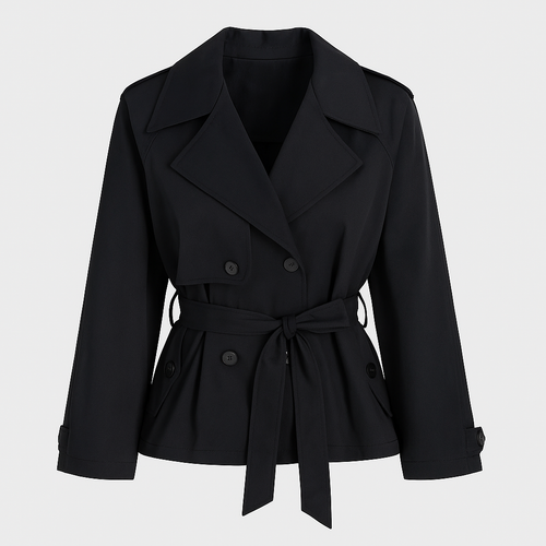 Kort trenchjakke til kvinder med bælte i taljen og brede revers.