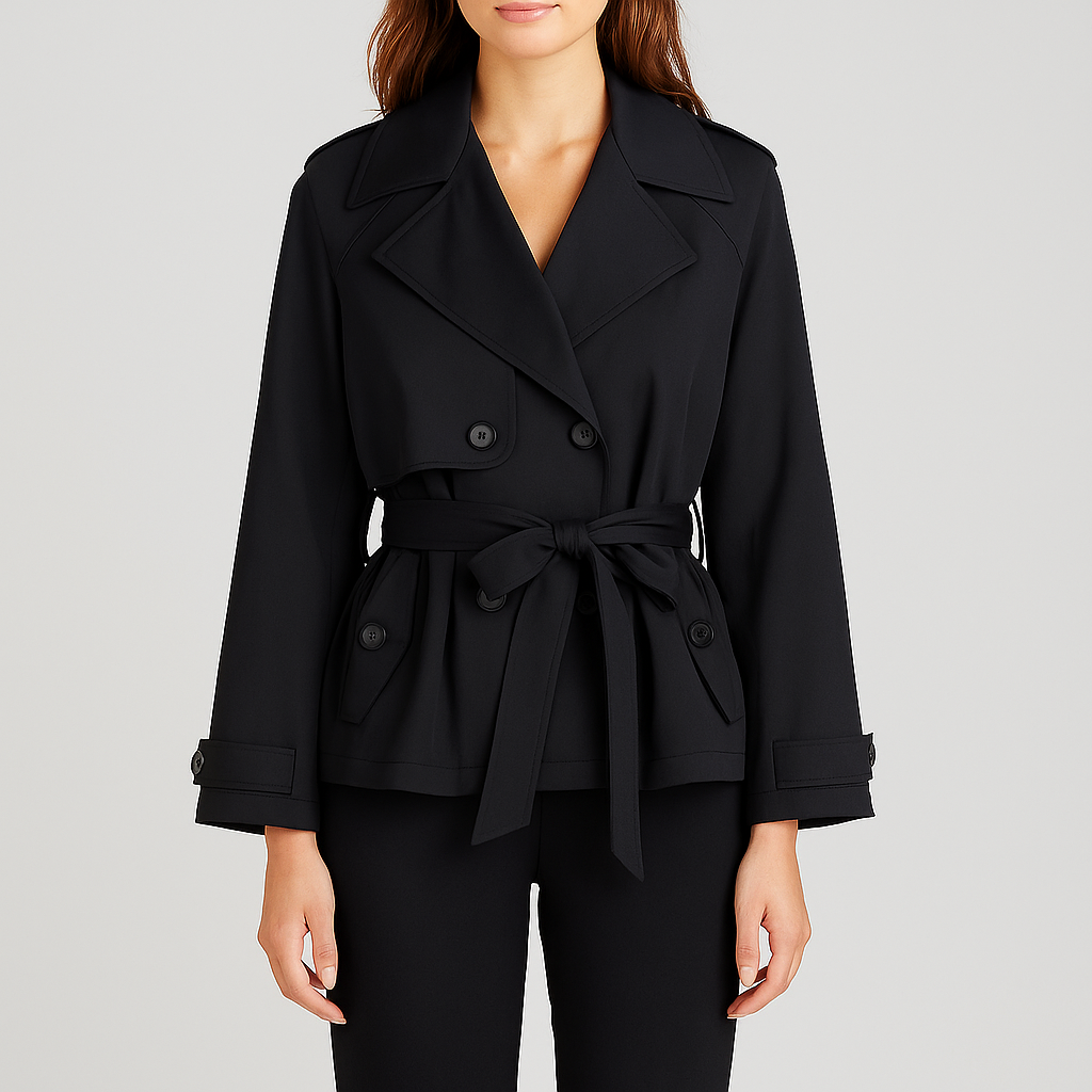 Kort trenchjakke til kvinder med bælte i taljen og brede revers.