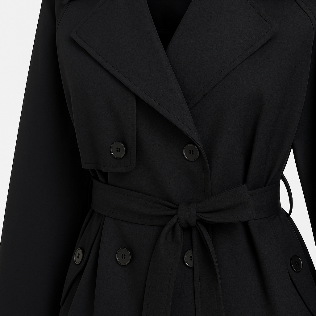 Kort trenchjakke til kvinder med bælte i taljen og brede revers.