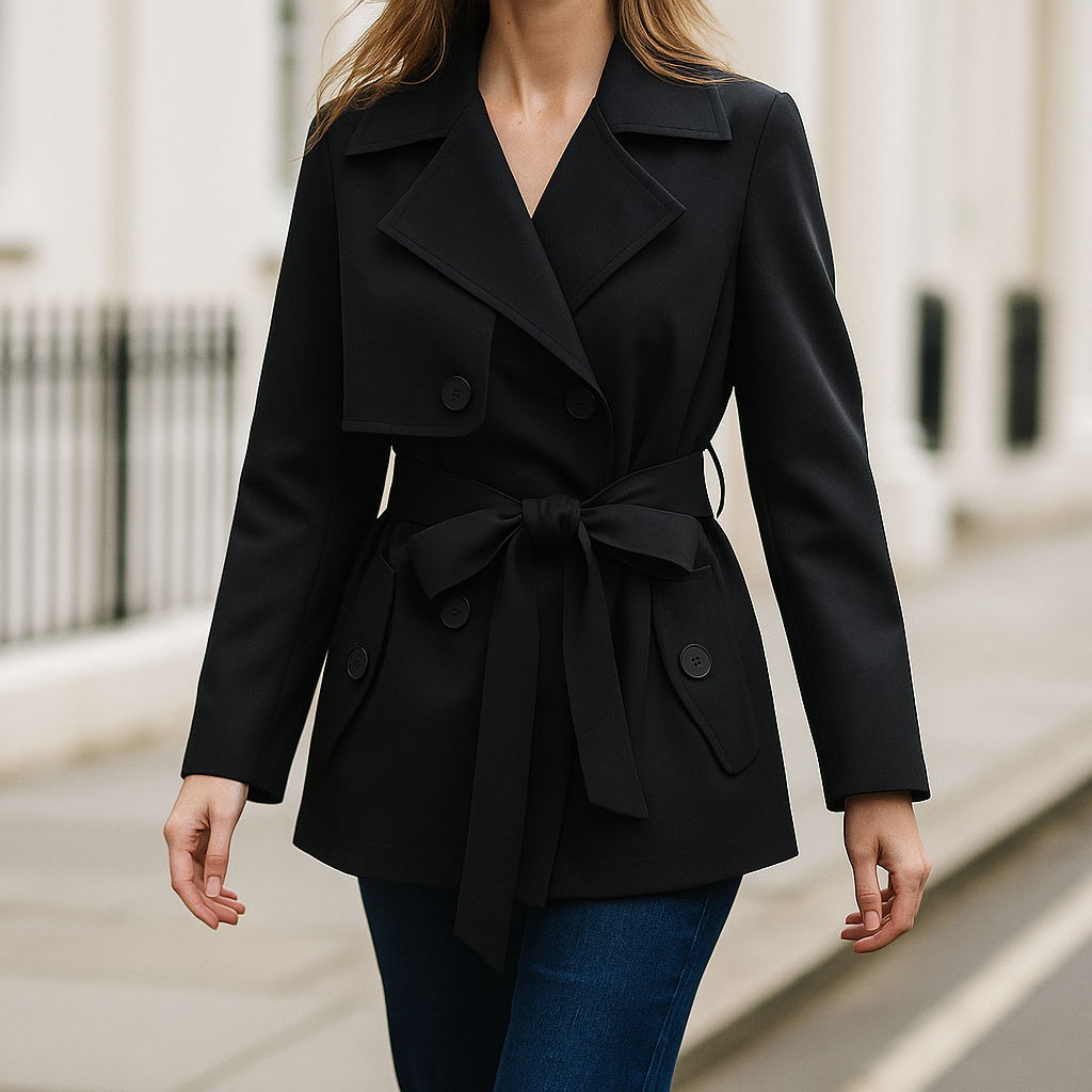 Kort trenchjakke til kvinder med bælte i taljen og brede revers.