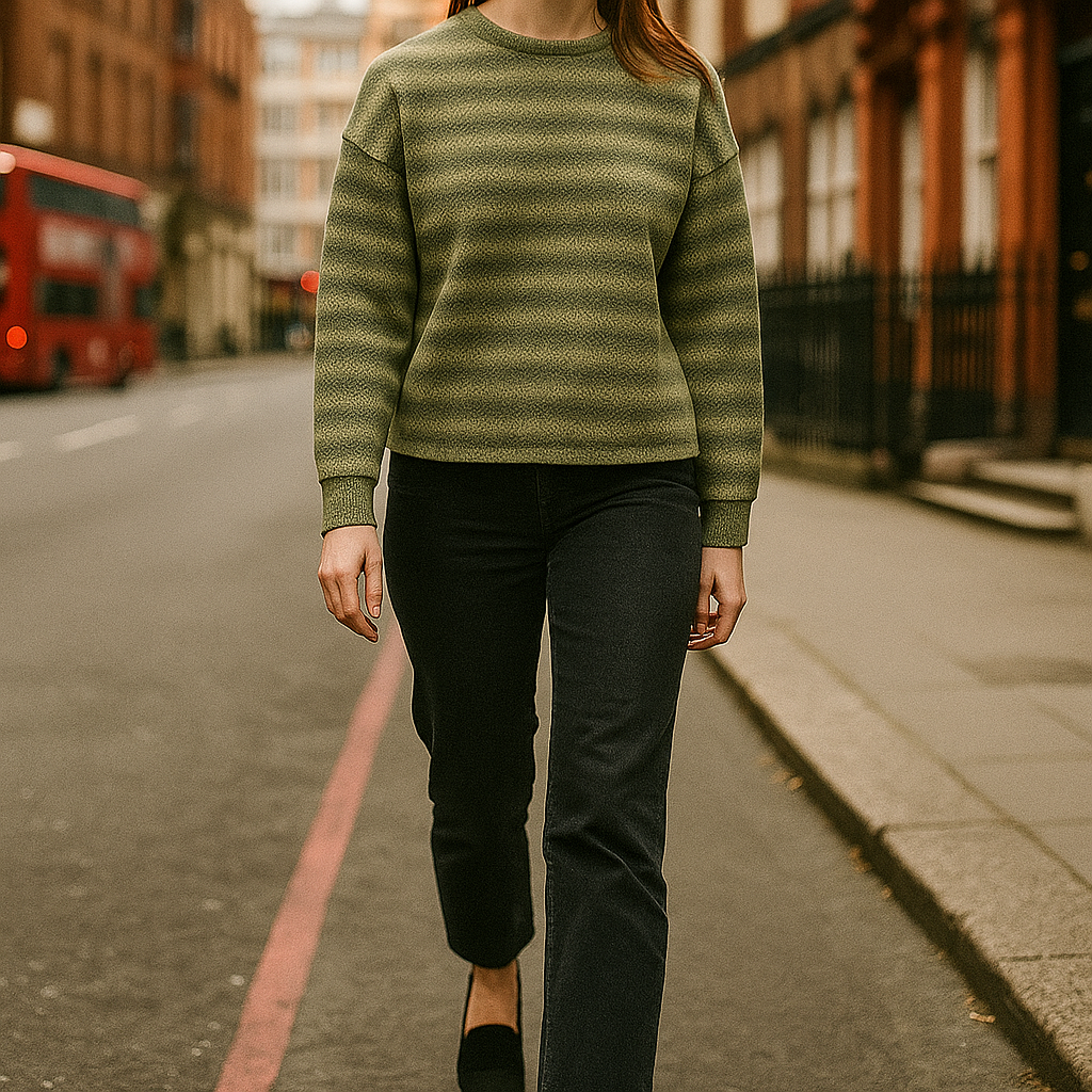 Strikket bluse med vandrette striber og rund hals