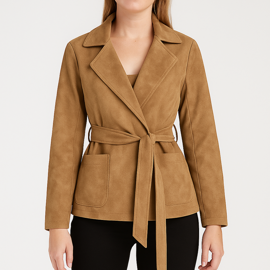 Damejakke i ruskind med bælte i taljen og store lommer foran.