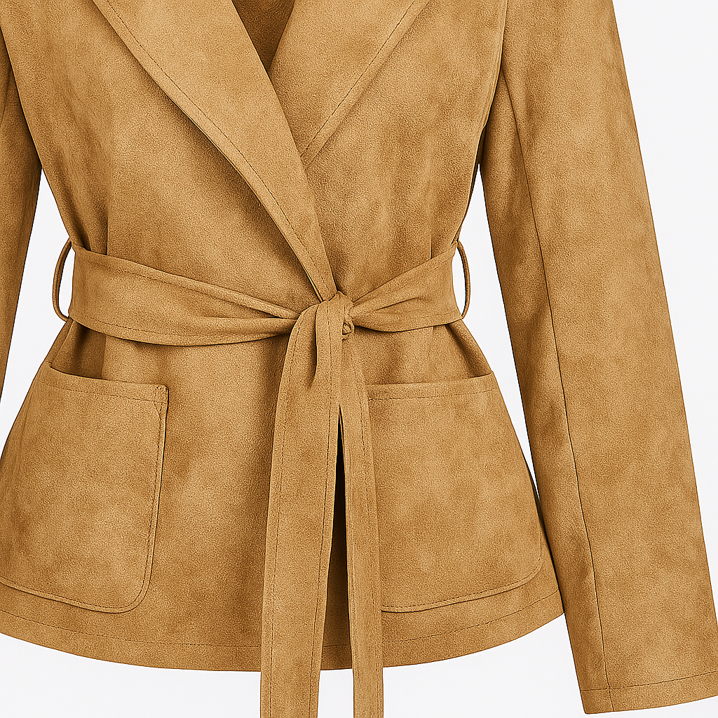 Damejakke i ruskind med bælte i taljen og store lommer foran.