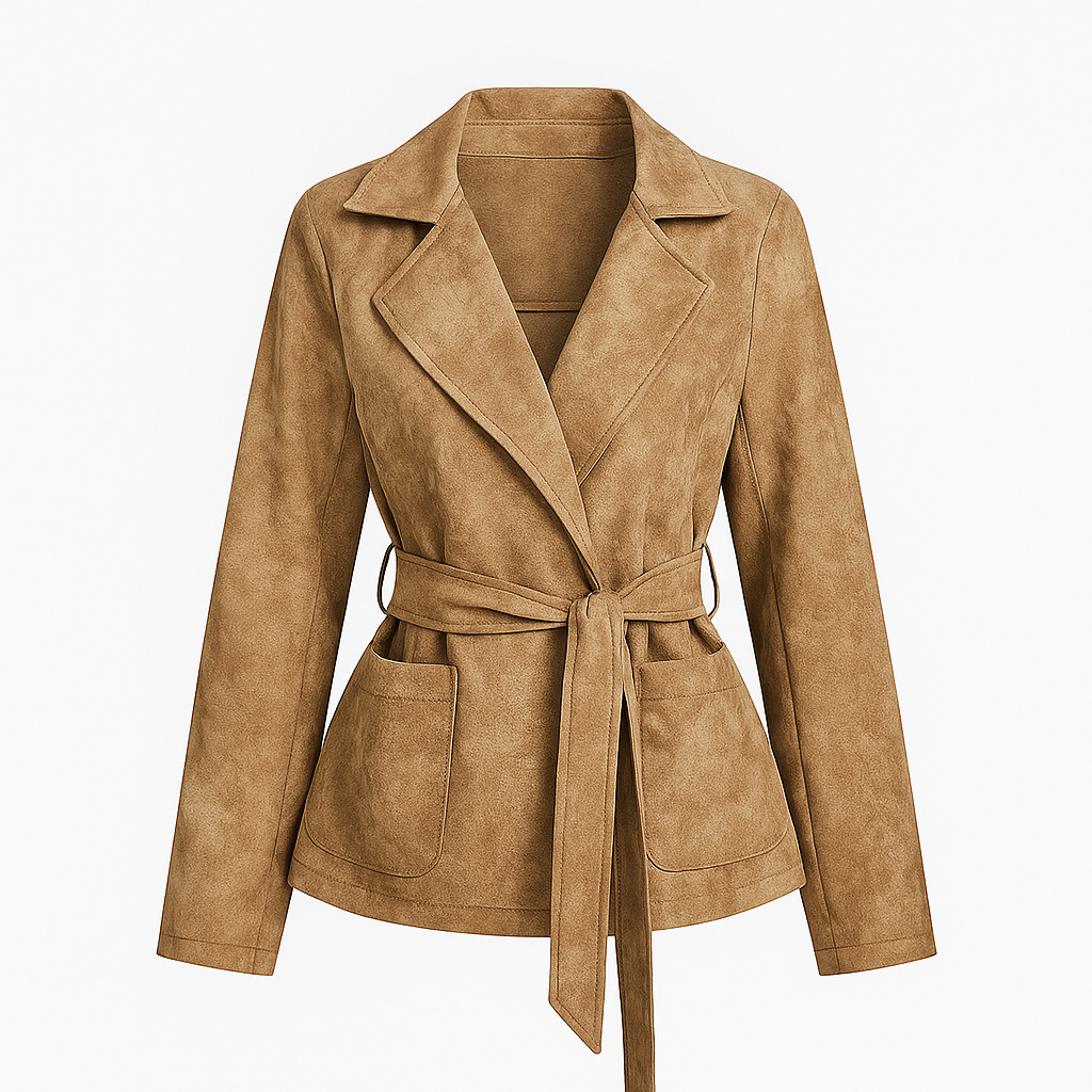 Damejakke i ruskind med bælte i taljen og store lommer foran.