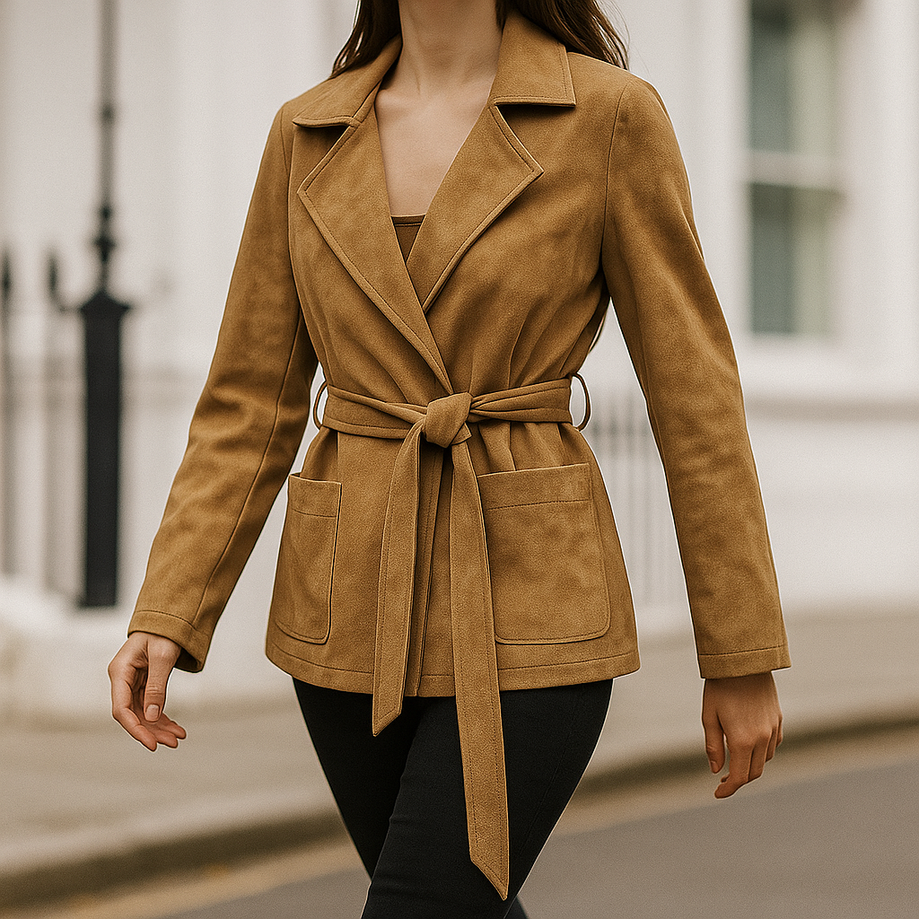 Damejakke i ruskind med bælte i taljen og store lommer foran.