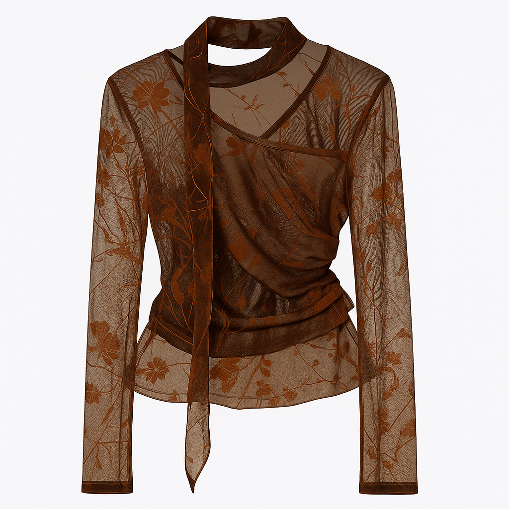 Gennemsigtig meshbluse med blomstermønster og halsbånd