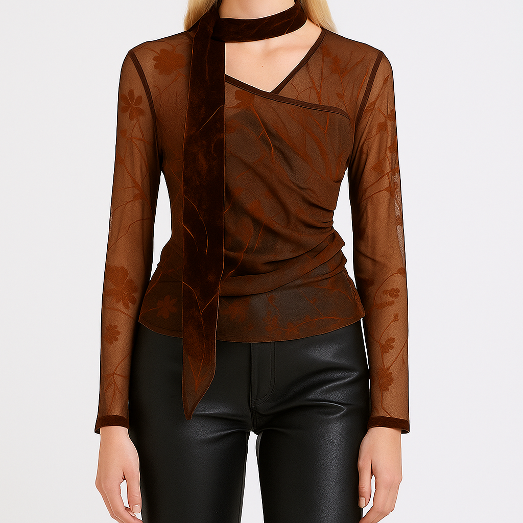 Gennemsigtig meshbluse med blomstermønster og halsbånd