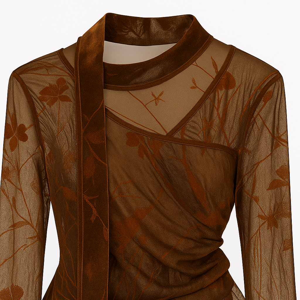 Gennemsigtig meshbluse med blomstermønster og halsbånd