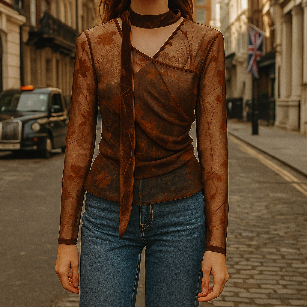 Gennemsigtig meshbluse med blomstermønster og halsbånd