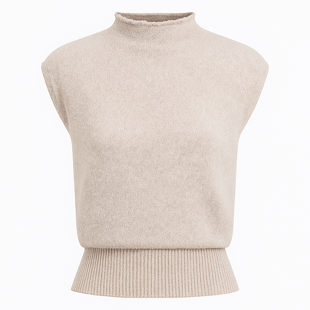 Ærmeløs strikbluse med høj hals og ribkant