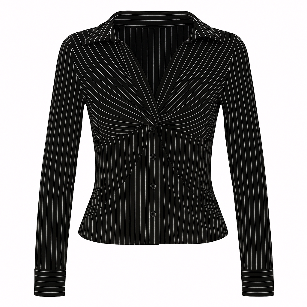 Stribet skjortebluse med snoet front og knaplukning