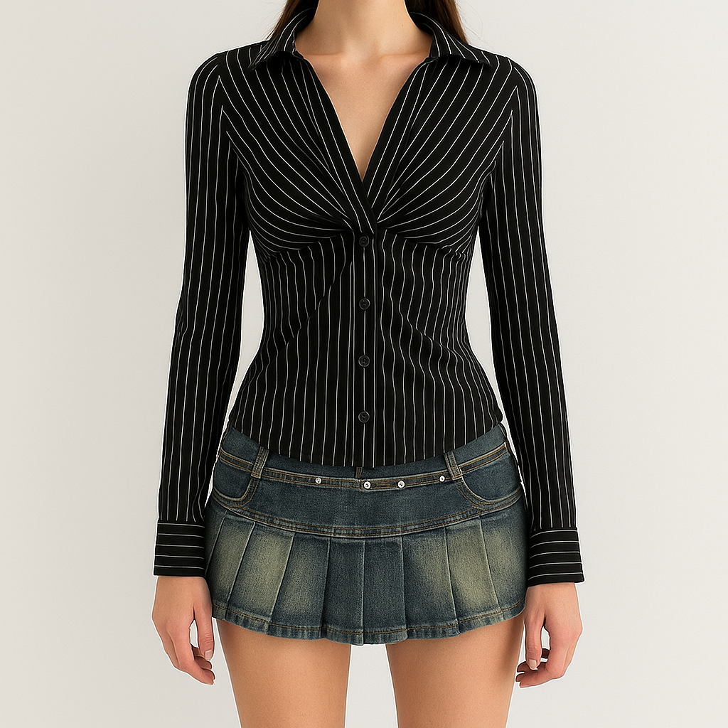Stribet skjortebluse med snoet front og knaplukning