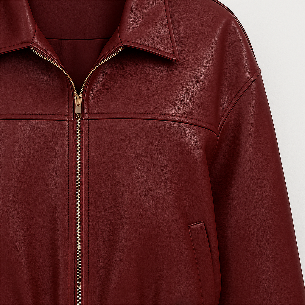 Kort damejakke med lynlås, krave og elastisk kant.