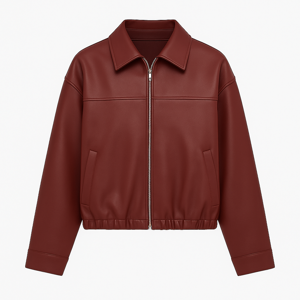 Kort damejakke med lynlås, krave og elastisk kant.