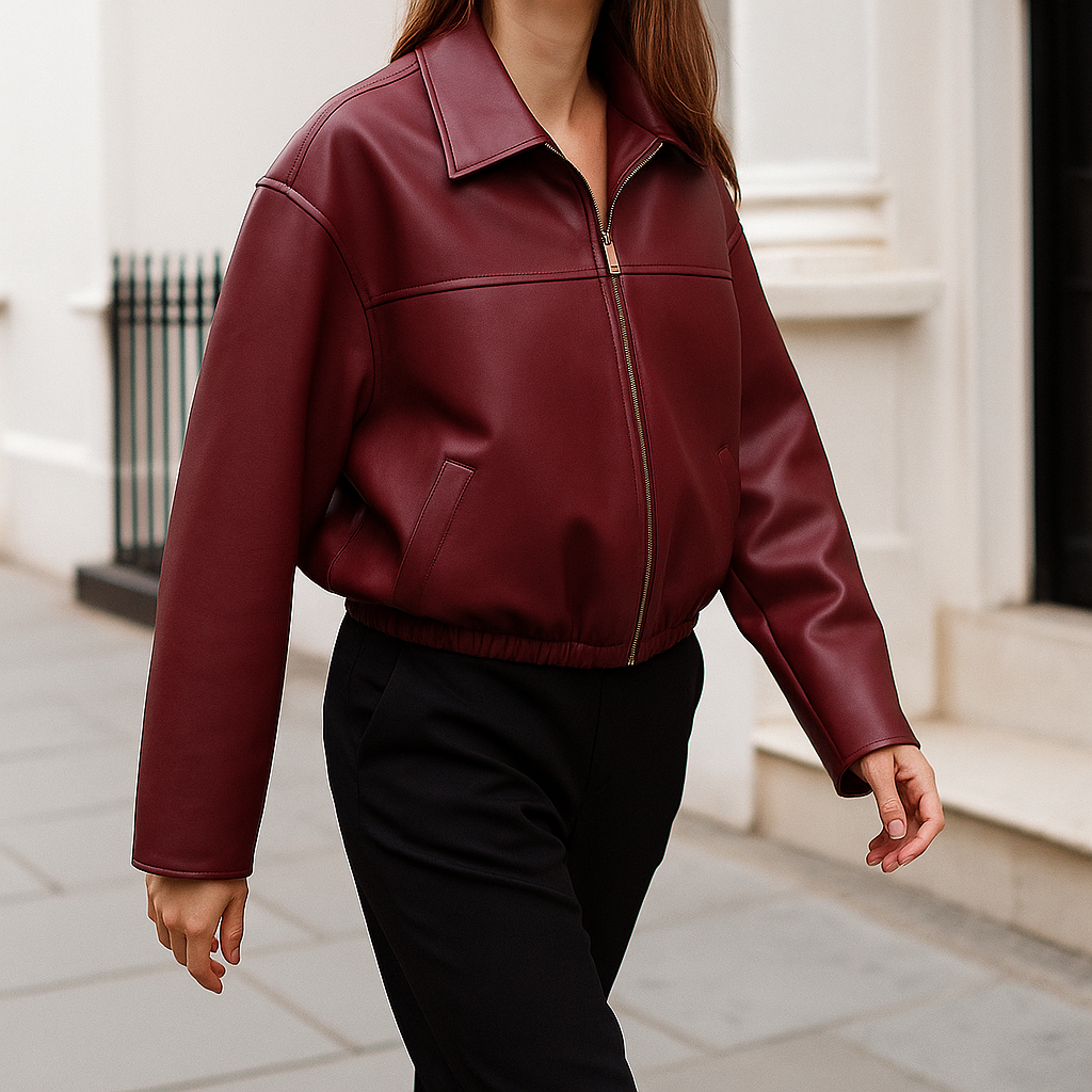 Kort damejakke med lynlås, krave og elastisk kant.