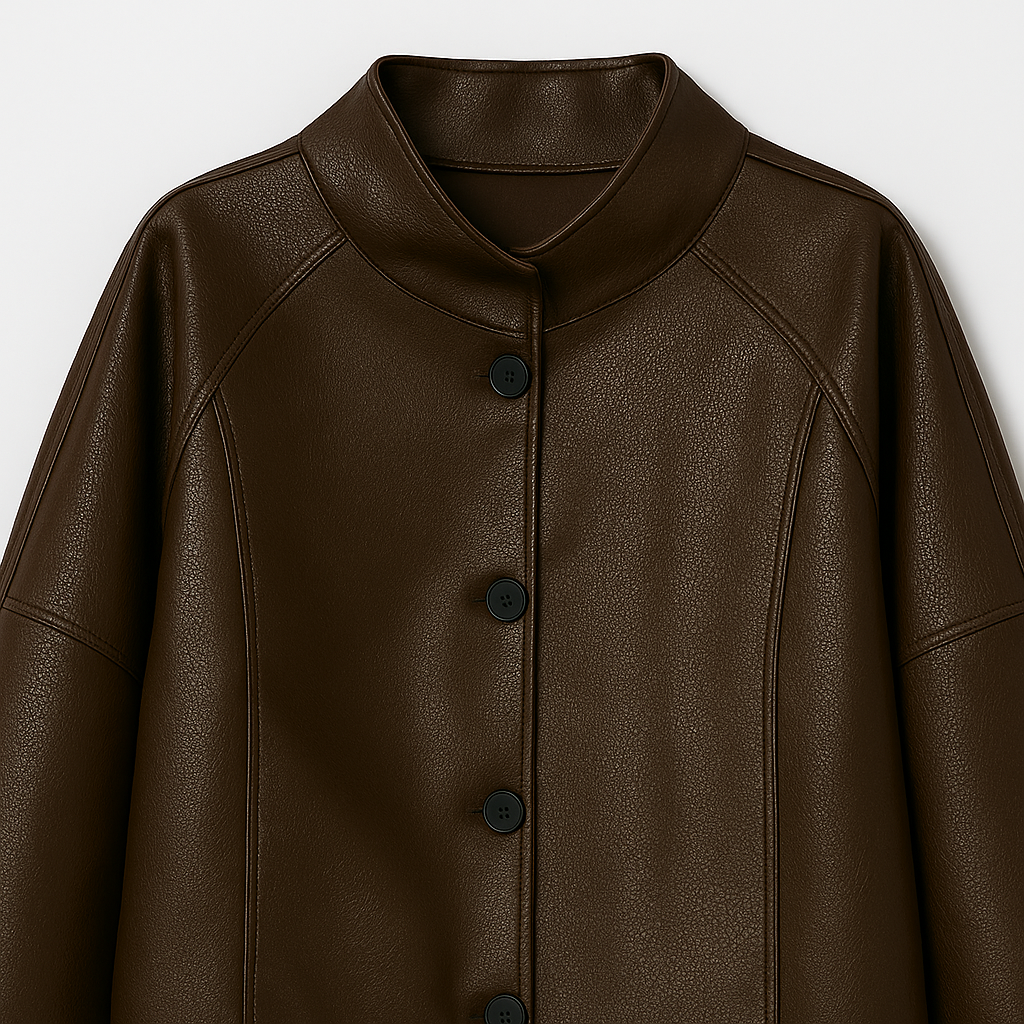 Kort damejakke i læderlook med ståkrave og knappelukning.