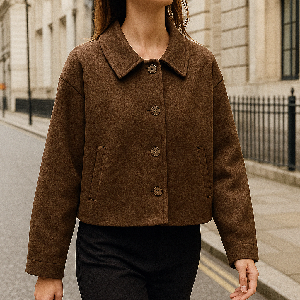 Kort damefrakke med løs pasform, krave og frontlommer.