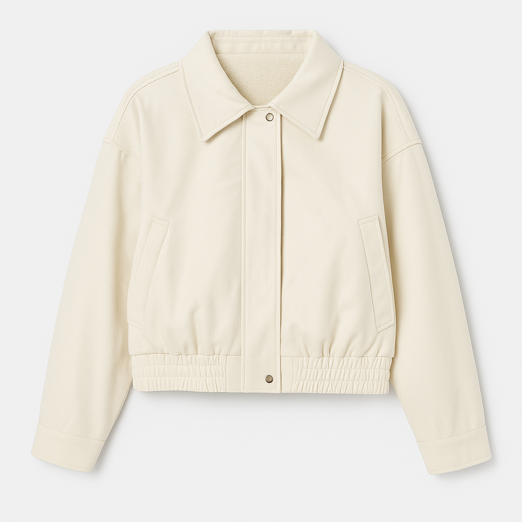 Kort damejakke med krave, sidelommer og elastisk kant.