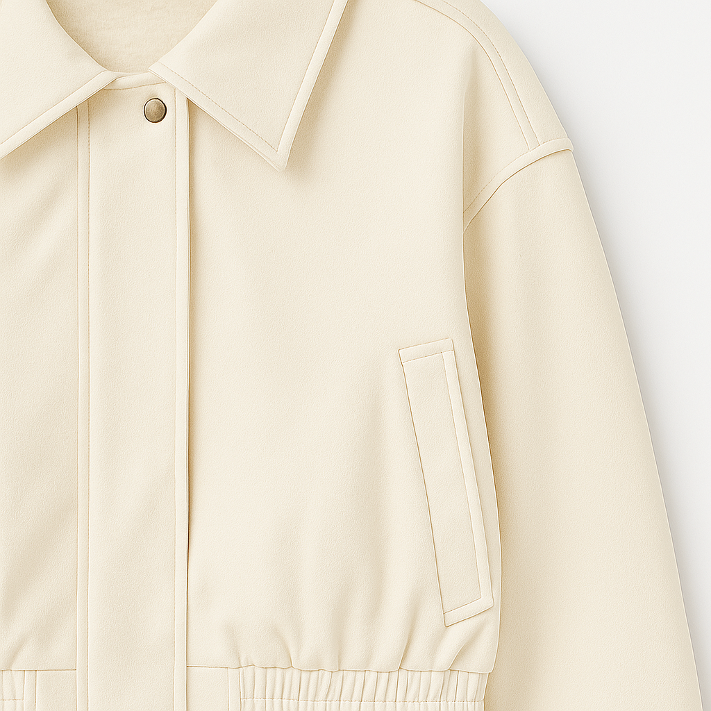 Kort damejakke med krave, sidelommer og elastisk kant.