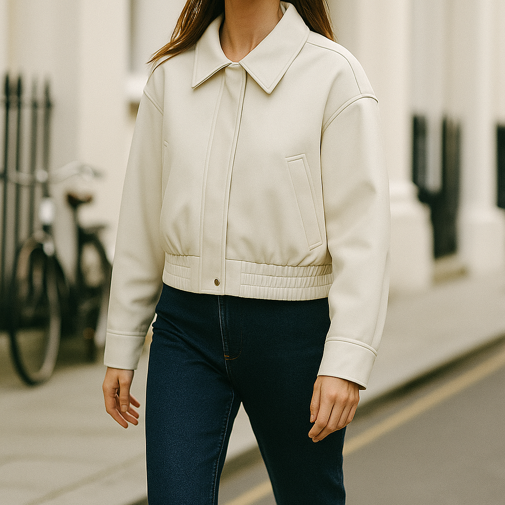 Kort damejakke med krave, sidelommer og elastisk kant.