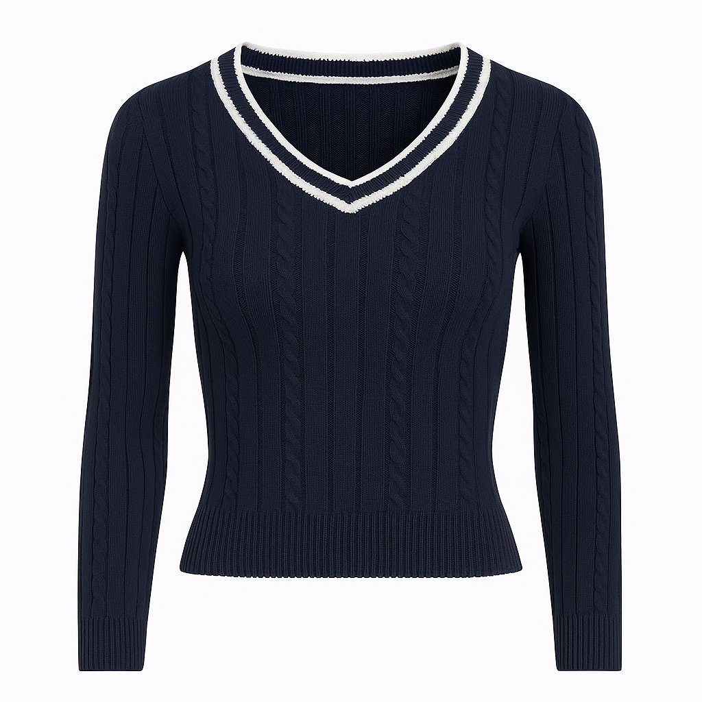 Ribstrikket trøje med V-udskæring og kontrastkant