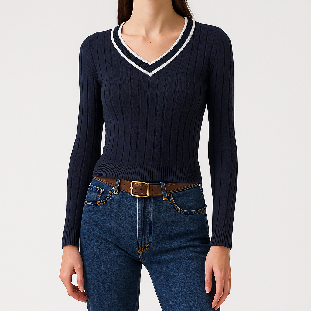 Ribstrikket trøje med V-udskæring og kontrastkant