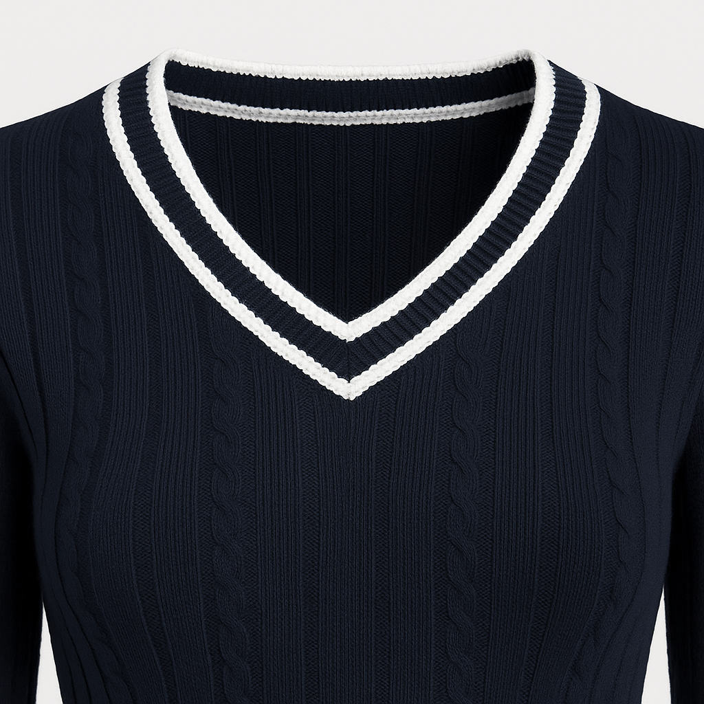 Ribstrikket trøje med V-udskæring og kontrastkant