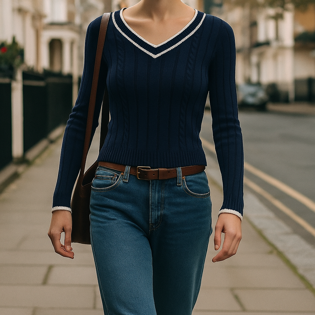 Ribstrikket trøje med V-udskæring og kontrastkant