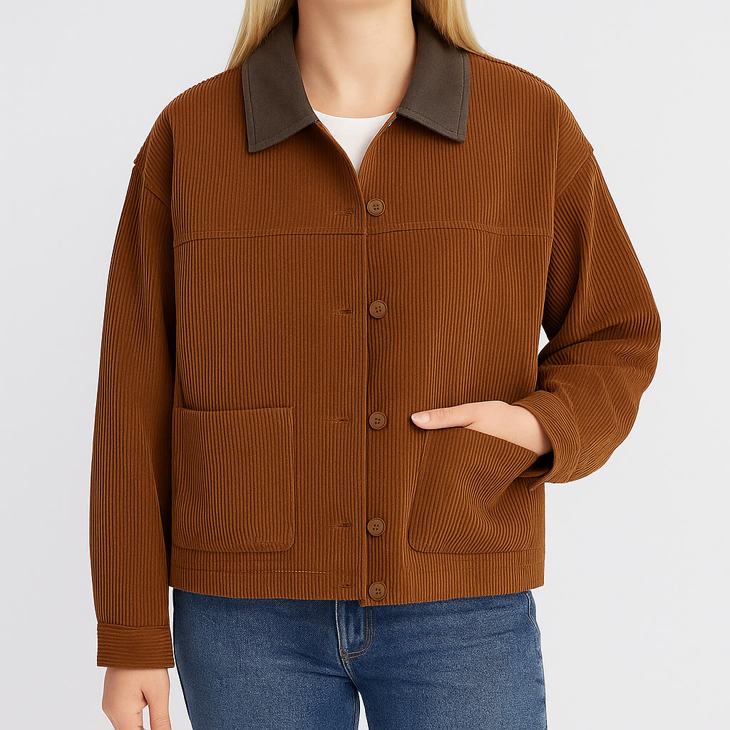 Kort damejakke i fløjl med kontrastkrave og frontlommer.