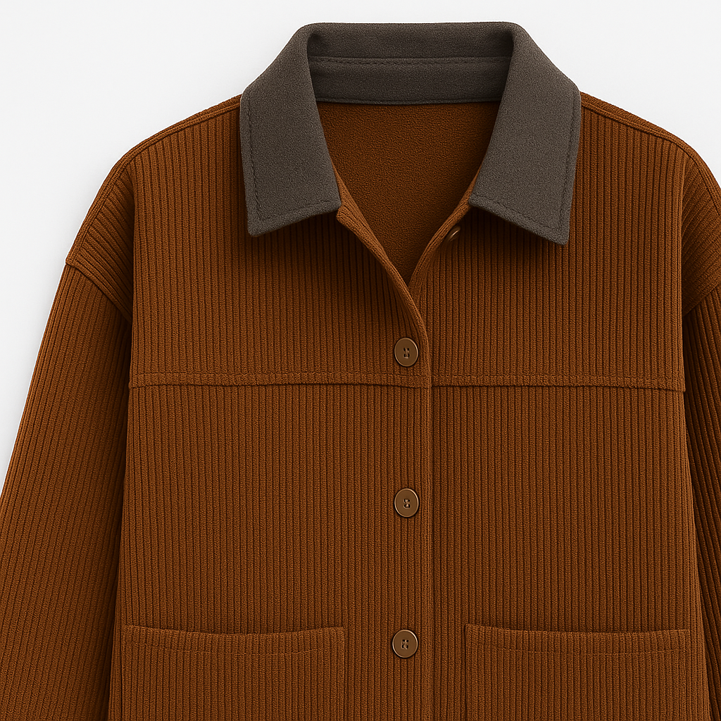 Kort damejakke i fløjl med kontrastkrave og frontlommer.