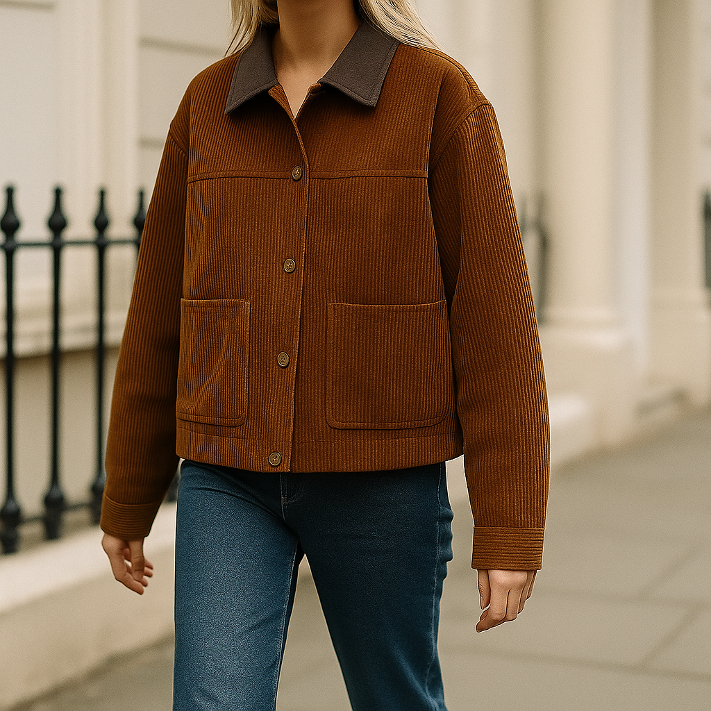 Kort damejakke i fløjl med kontrastkrave og frontlommer.