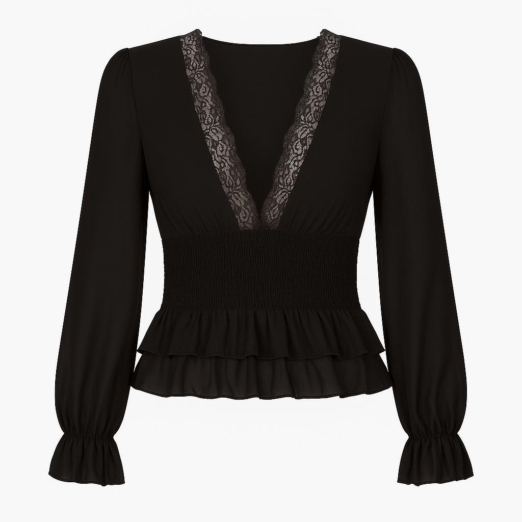 Elegant bluse med blondekant og rynket talje