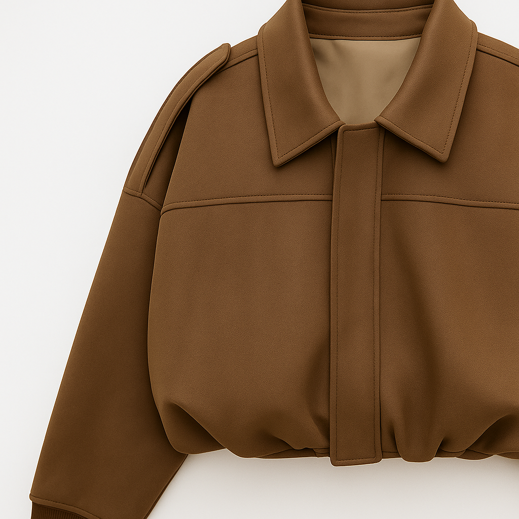 Kort damejakke med krave, brede skuldre og elastisk kant.