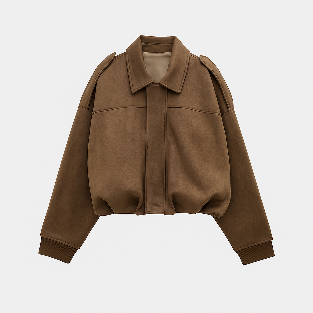 Kort damejakke med krave, brede skuldre og elastisk kant.