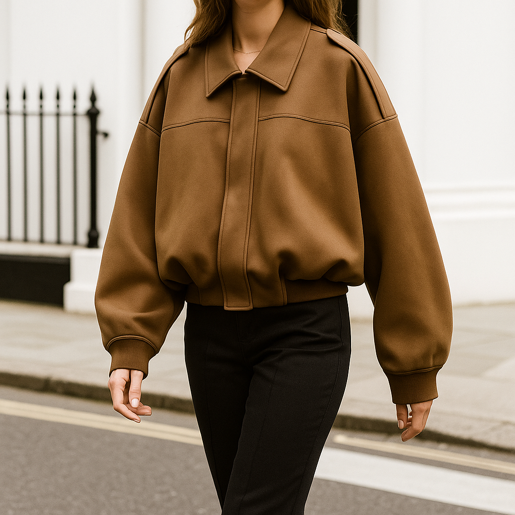 Kort damejakke med krave, brede skuldre og elastisk kant.